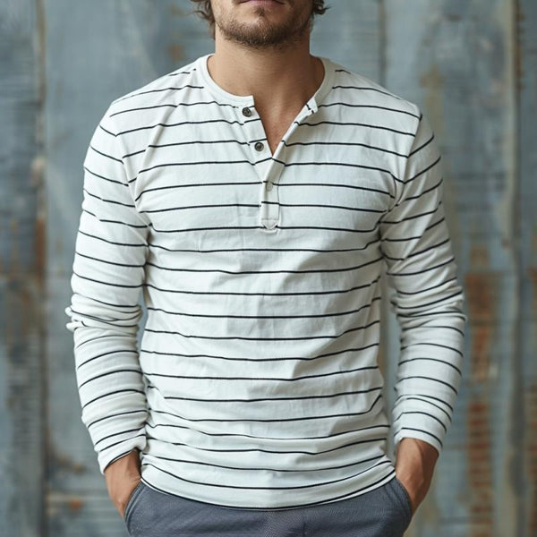 Men's Casual Cotton Blend Striped Henley Collar Slim Fit Long Sleeve T-Shirt 86708788M