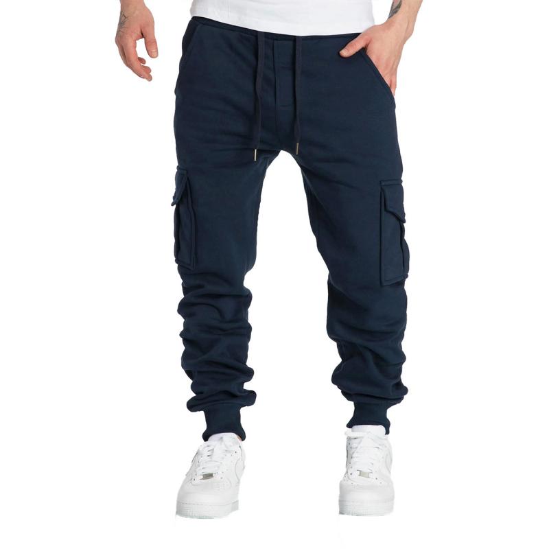 Men's Solid Fleece Multi-pocket Elastic Waist Sports Trousers 90538121Z