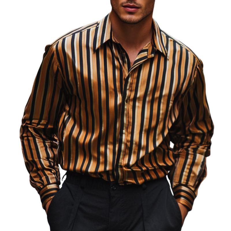 Men's Fashion Striped Satin Lapel Long Sleeve Shirt 12225822F