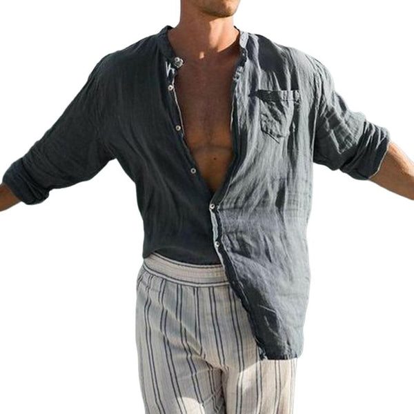 Men's Cotton and Linen Solid Color Lapel Long Sleeve Shirt 96827236X