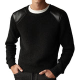 Men's Black Paneled Leather Knitted Sweater 56248329U