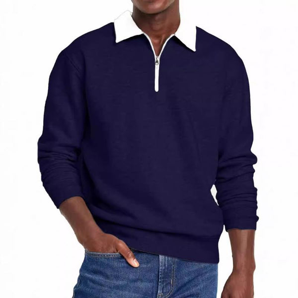 Men's Casual Half Zip Contrast Color Lapel Loose Long Sleeve Polo Shirt 93098285M