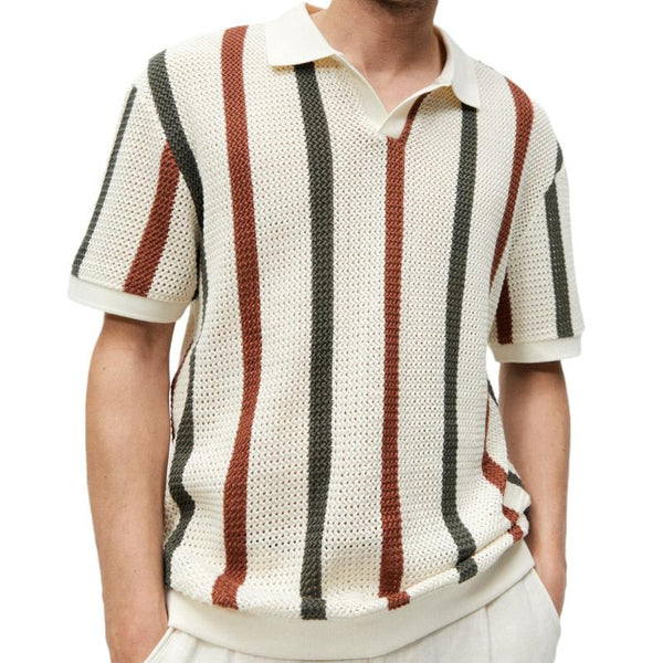 Men's Casual Contrast Color Striped Hollow Knitted Polo Shirt 14410014M