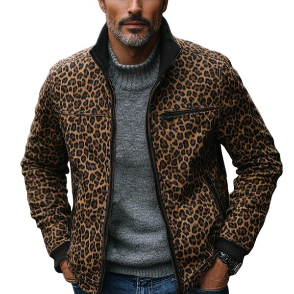 Men's Vintage Leopard Print Suede Stand Collar Jacket 45267537Y