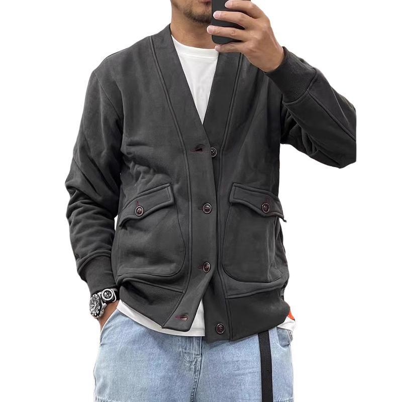 Men's Casual Fleece V-neck Single-breasted Large Pocket Loose Jacket 93792830M