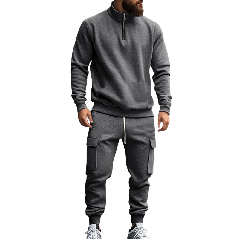 Men's Solid Color Casual Plush Warm Zipper Stand Collar Sweatshirt Sweatpants Set 08038864Y