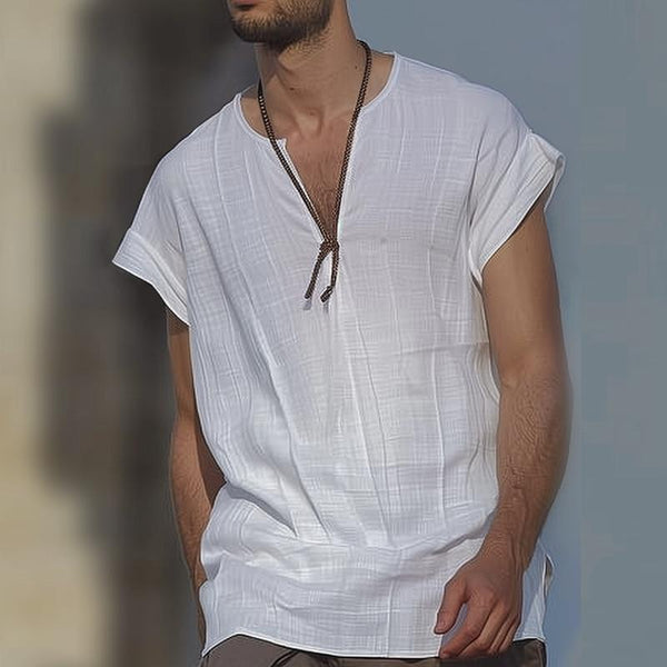 Men's Cotton And Linen Solid Loose V Neck Short Sleeve T-shirt 44298770Z