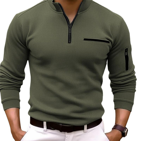 Men's Casual Striped Zipper Stand Collar Long Sleeve Polo Shirt 91939553Y