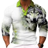 Men's Wolf Print Lapel Long Sleeve Polo Shirt 96911605Z