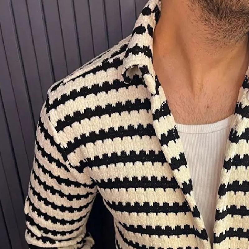 Men's Retro Casual Simple Knitted Striped Lapel Cardigan 70890633TO