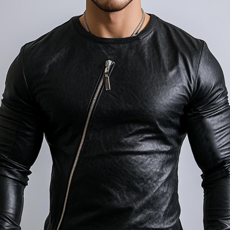 Men's Casual Round Neck Hem Slit Slim Fit Leather Long Sleeve T-shirt 50179193K