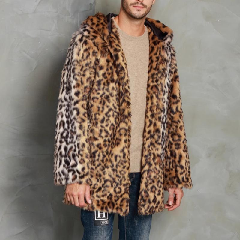 Men's Classic Casual Leopard Print Hooded Plush Faux Fur Coat 90965761K