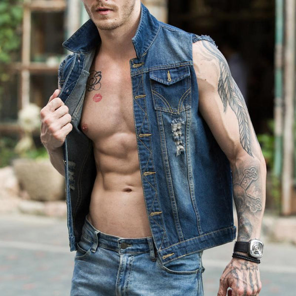 Men's Casual Ripped Denim Sleeveless Vest 12064554TO