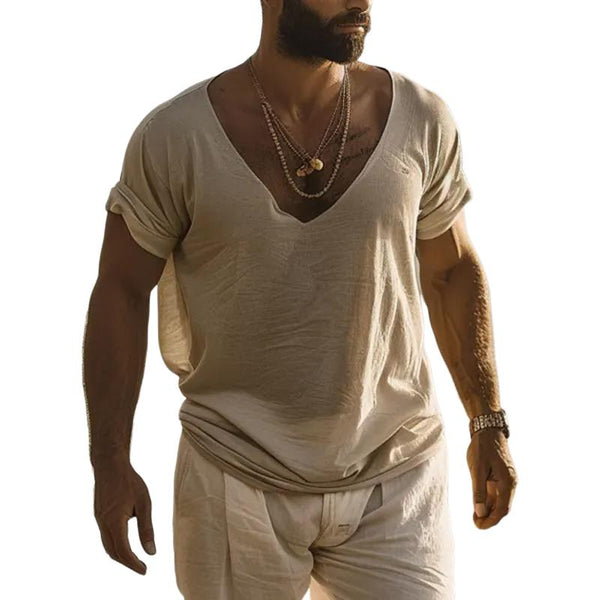 Men's Solid Color V-Neck Thin Short-Sleeved T-Shirt 23705413Y
