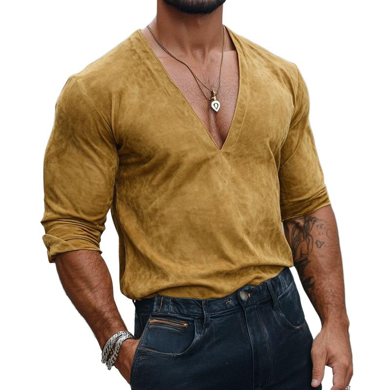 Men's Fashion Suede V-Neck Slim Fit Long Sleeve T-Shirt 53190393Y