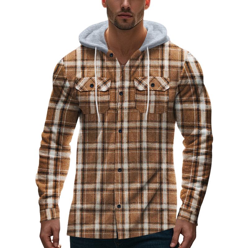 Men's Casual Plaid Hooded Flannel Multi-Pocket Shirt Jacket 69038680X