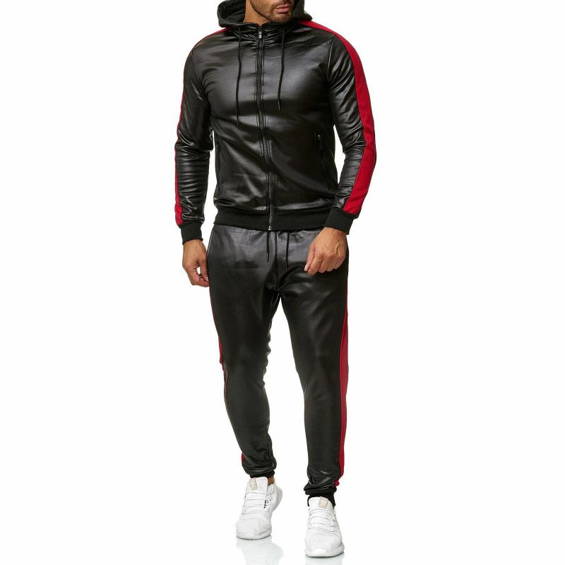 Men's Color Block Leather Hooded Zipper Jacket Trousers Casual Set 53659156Z