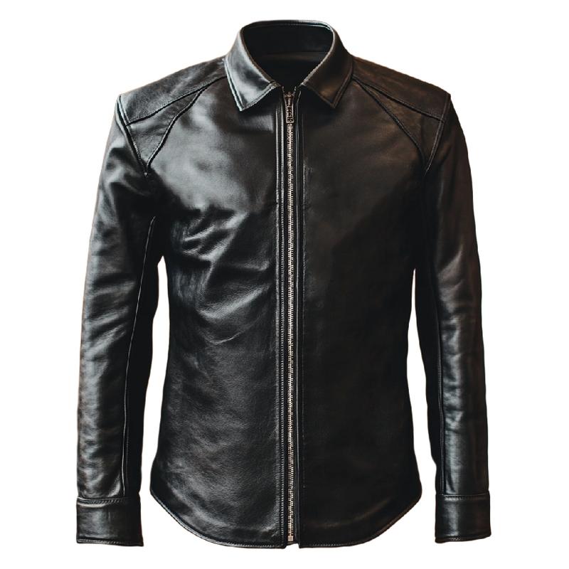 Men's Classic Black Lapel Long Sleeve Leather Shirt 13028188F