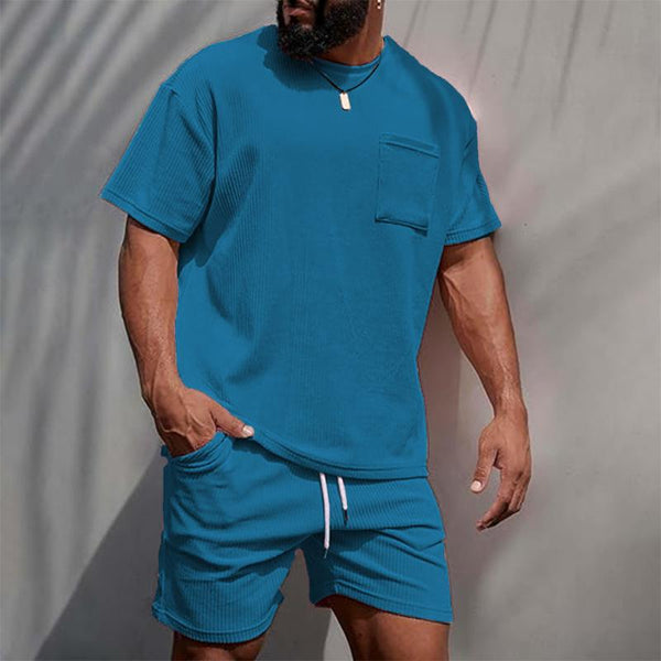 Men's Solid Corduroy Loose Round Neck Short Sleeve T-shirt Shorts Set 96307080Z