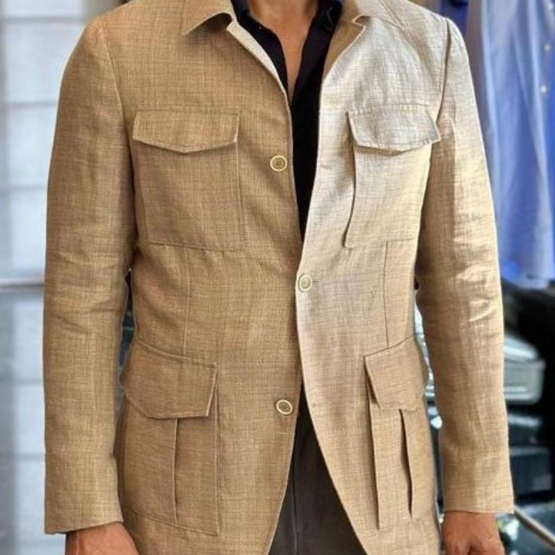 Men's Casual Cotton Linen Lapel Multi-pocket Safari Jacket 71673515M