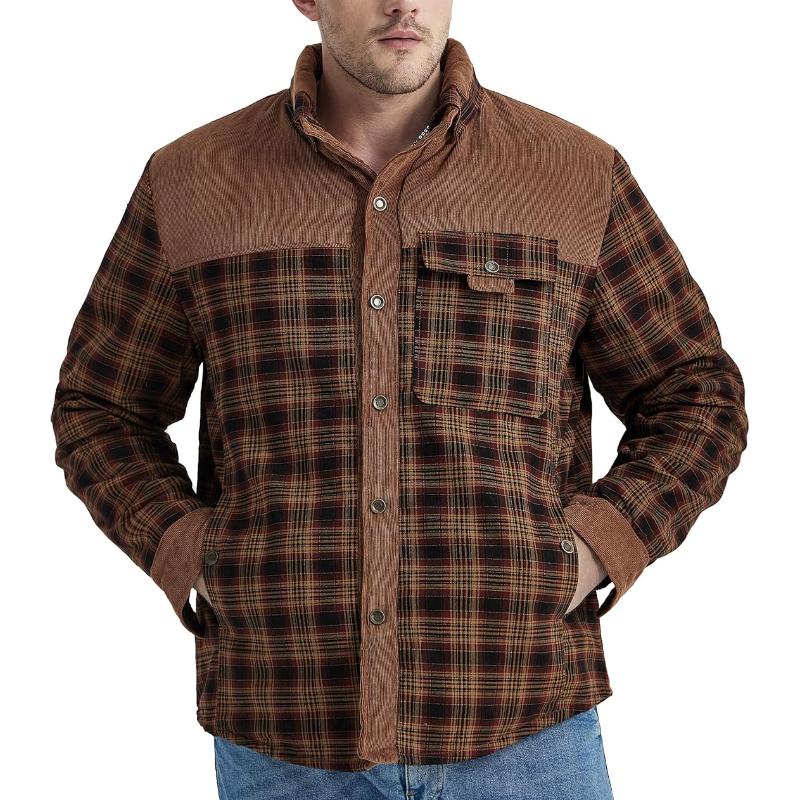 Men's Retro Check Stitching Corduroy Lining Plush Warm Jacket 19396468Y