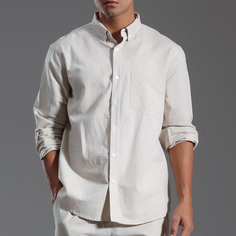 Men's Solid Loose Cotton And Linen Lapel Long Sleeve Shirt 68625339Z