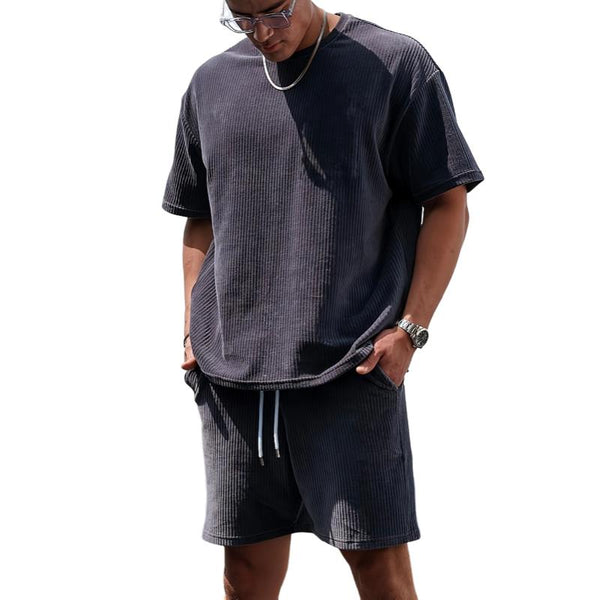 Men's Casual Round Neck Short-sleeved T-shirt Elastic Waist Sports Shorts Set 65845038M