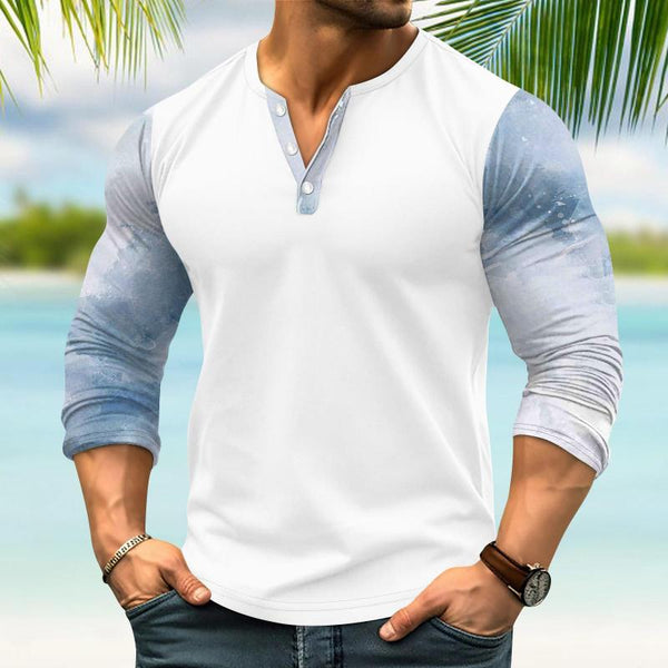 Men's Printed Stitching Henley Collar Long Sleeve T-shirt 78580971Z