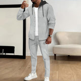 Men's Casual Waffle Colorblock Hooded Long-sleeved Cardigan Sports Pants Set 54012728M