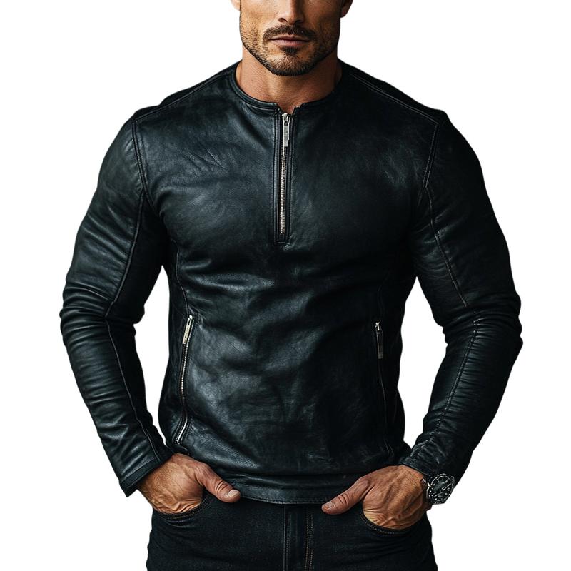 Men's Fashion Slim Fit Half Zip Crew Neck Long Sleeve Leather Shirt 79061614Y