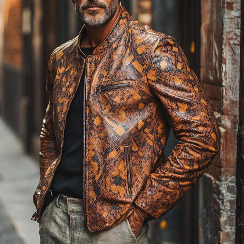 Men's Stylish Stand Collar Zippered Python Print Leather Jacket 08011777F