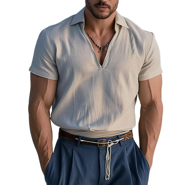 Men's Casual Linen Lapel Short Sleeve T-Shirt 89844258TO