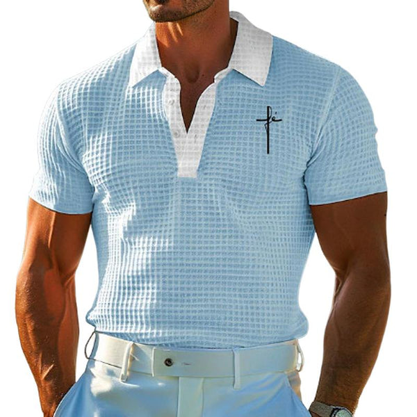 Men's Casual Contrast Color Jesus Print Lapel Short Sleeve Polo Shirt 11926169M