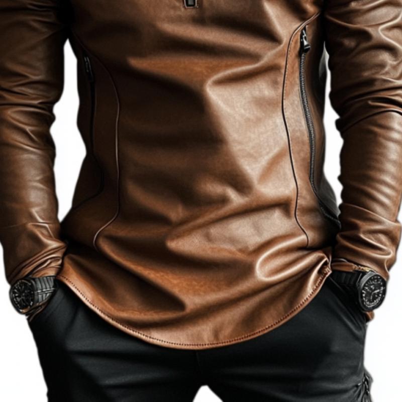 Men's Casual Fashionable Stand Collar Zipper Leather Sweatshirt 85012089K