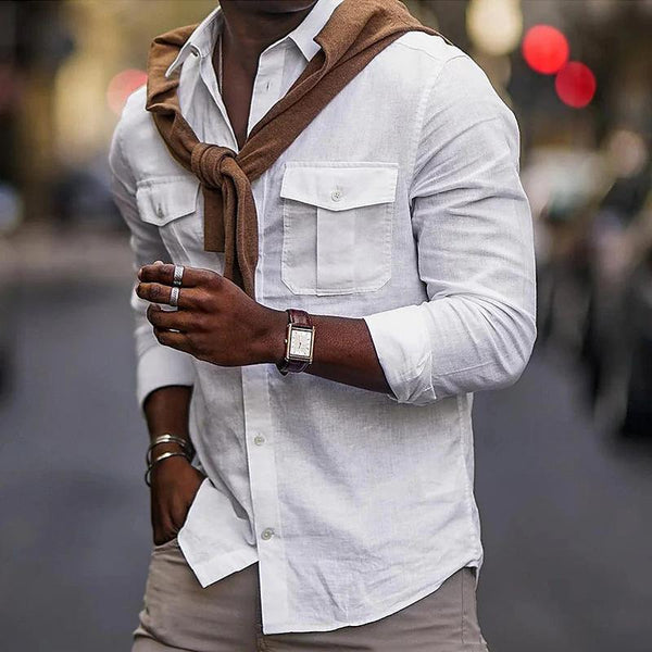 Men's Solid Color Lapel Flap Pockets Long Sleeve Cotton Linen Shirt 15881071Z