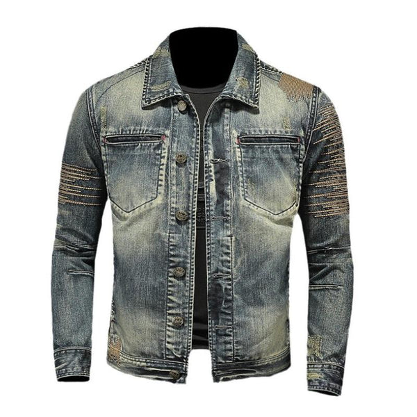 Men's Vintage Washed Lapel Slim Fit Denim Motorcycle Jacket 11204882M