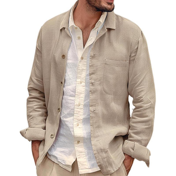 Men's Casual Cotton Linen Lapel Slim Fit Patch Pocket Shirt Jacket 51522320M