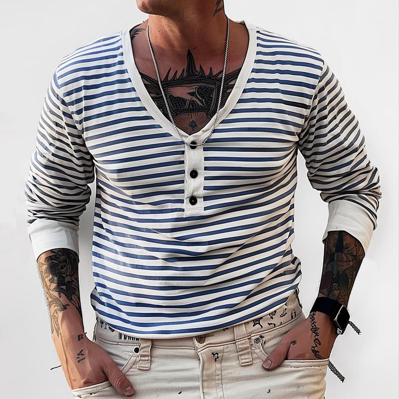 T-shirt a maniche lunghe con scollo a V a righe stile blu navy da uomo 46072697Z