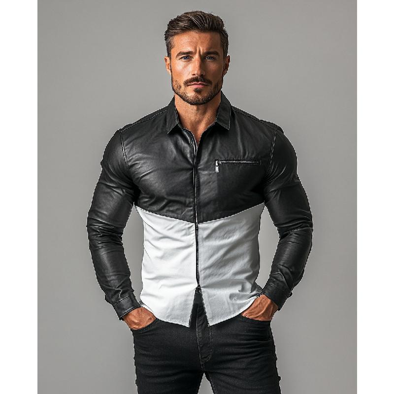 Men's Fashion Colorblock Lapel Zipper Slim Fit Long Sleeve Leather Shirt 37990195Y