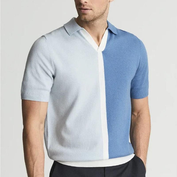 Men's Casual Lapel Collar Contrast Color Short Sleeve Knit Polo Shirt 00206025M