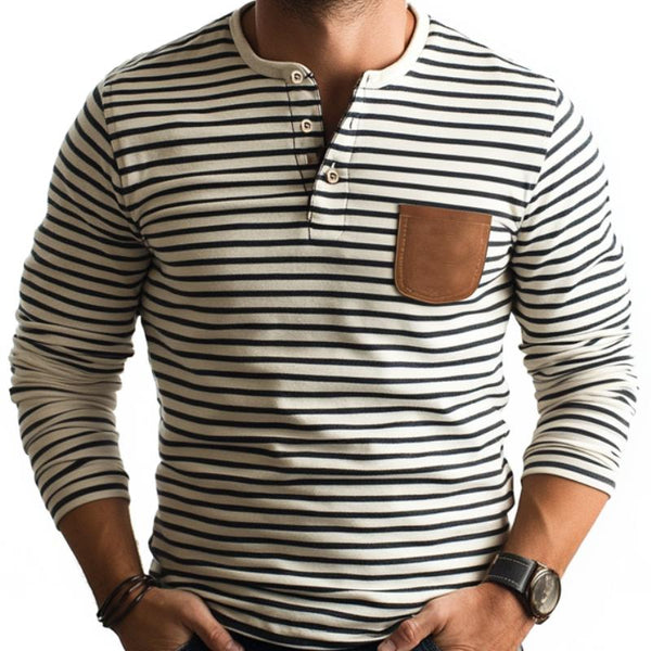 Men's Casual Striped Henley Collar PU Patch Pocket Slim Fit T-Shirt 38528326M