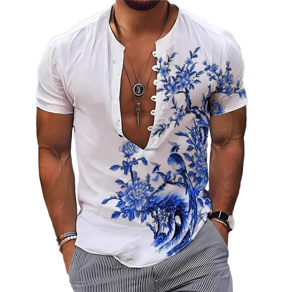 Men's Flower Printed Henley Collar Short Sleeve Shirt 90818986Z