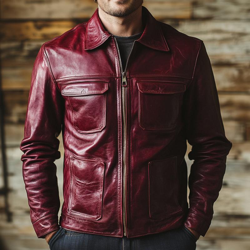 Men's Multi-Pocket Burgundy Lapel Leather Jacket 15524623F