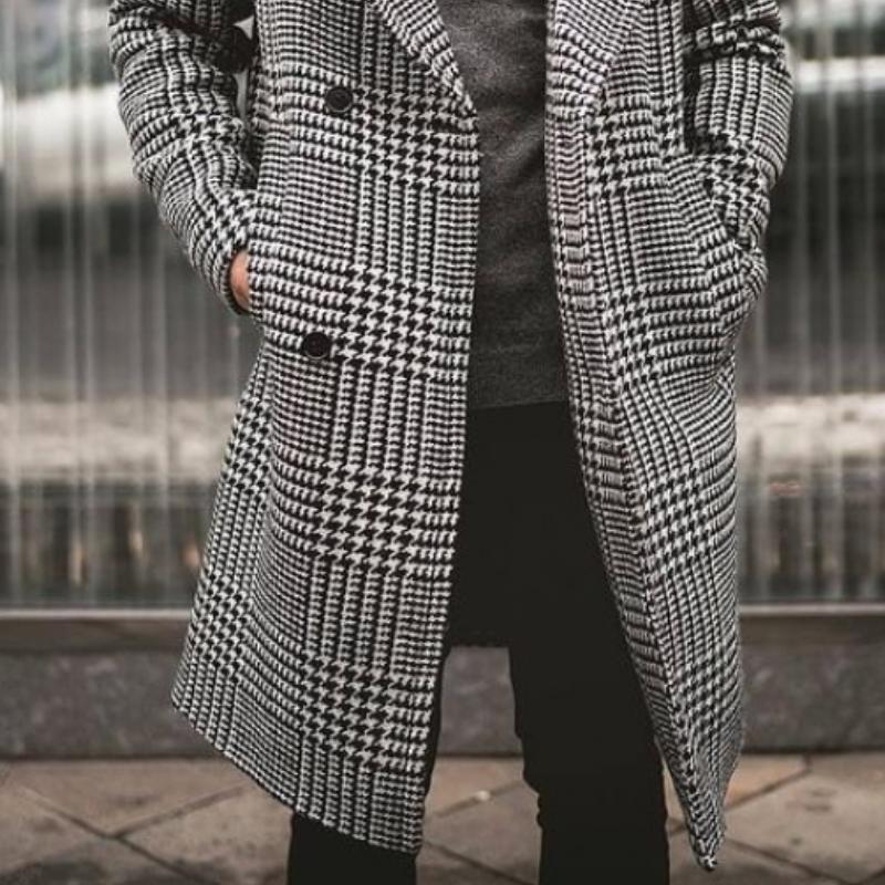 Cappotto da uomo retrò classico casual doppiopetto al ginocchio con motivo pied de poule 00944809K