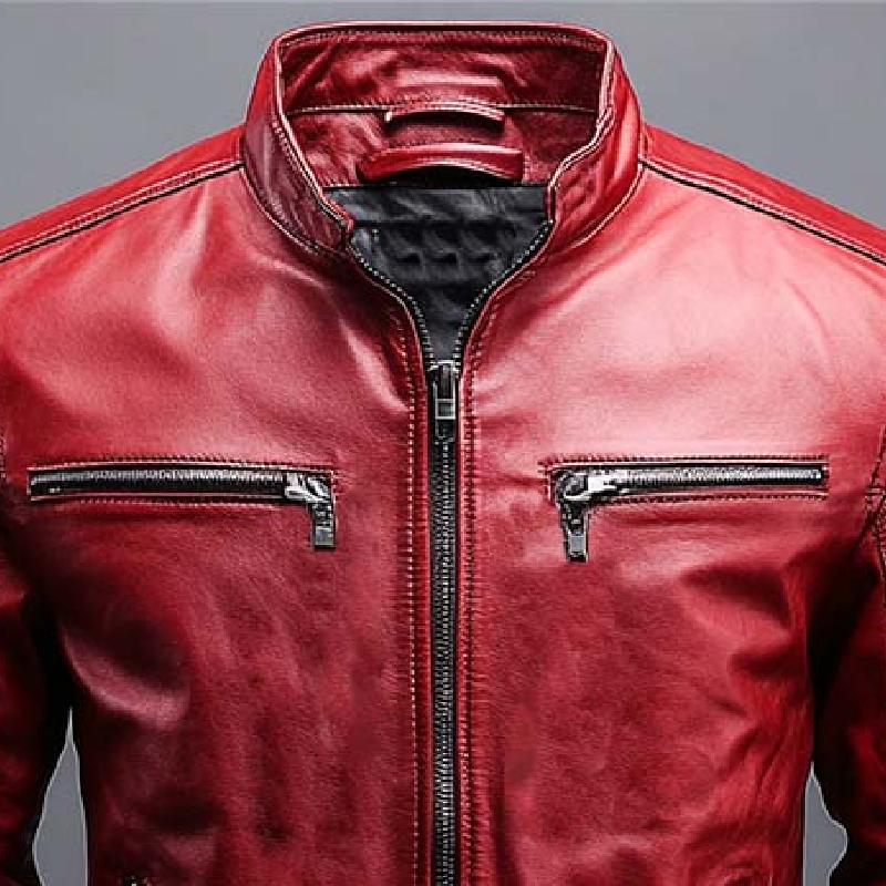 Men's Classic Vintage Slim Stand Collar Leather Jacket 03607885K