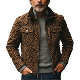 Men's Vintage Leopard Print Suede Multi-Pocket Zipper Jacket 17358931Y