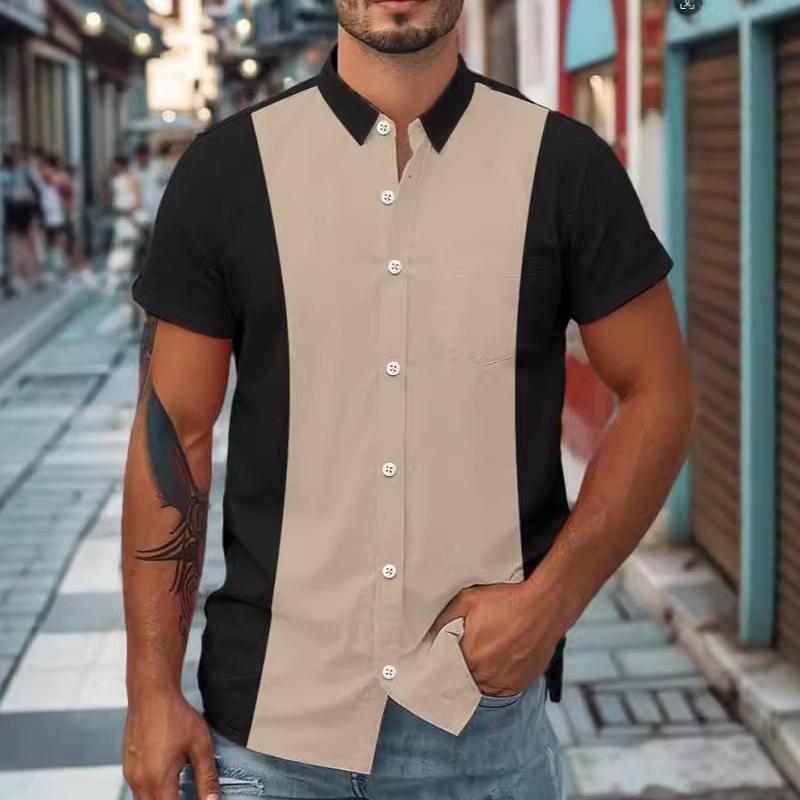 Men's Fashion Colorblock Lapel Short Sleeve Casual Shirt 09231521Z