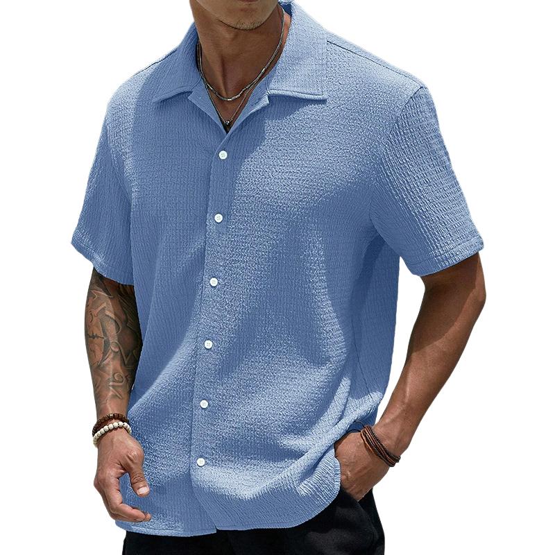 Men's Casual Solid Color Pleated Lapel Slim Fit Short Sleeve Shirt 30281622M