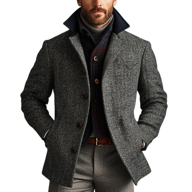 Men's Retro Herringbone Patchwork Woolen Single-Breasted Short Coat 27852187Y