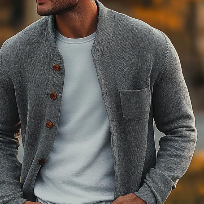 【Expédition 24 heures】Cardigan rétro à col ras du cou et poche poitrine en tricot pour homme 89421325Y